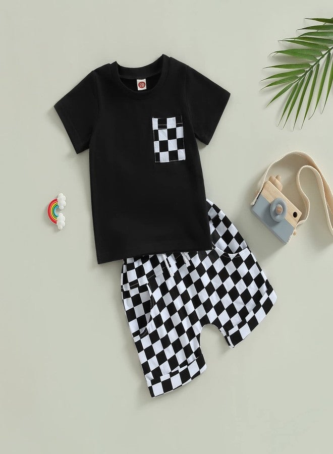 Karuedoo Baby Boy Girl Summer Outfits Checkered Plaid Short Sleeve T-Shirt Top Shorts Set Trendy Toddler Checkerboard Outfit (A-Black, 12-18 Months) - Image 4