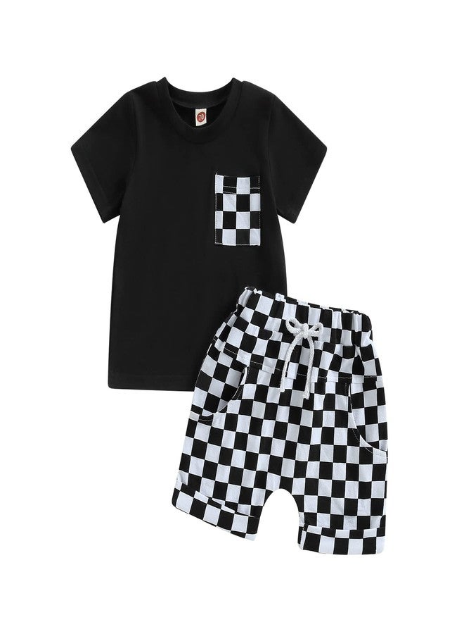 Karuedoo Baby Boy Girl Summer Outfits Checkered Plaid Short Sleeve T-Shirt Top Shorts Set Trendy Toddler Checkerboard Outfit (A-Black, 12-18 Months) - Image 1
