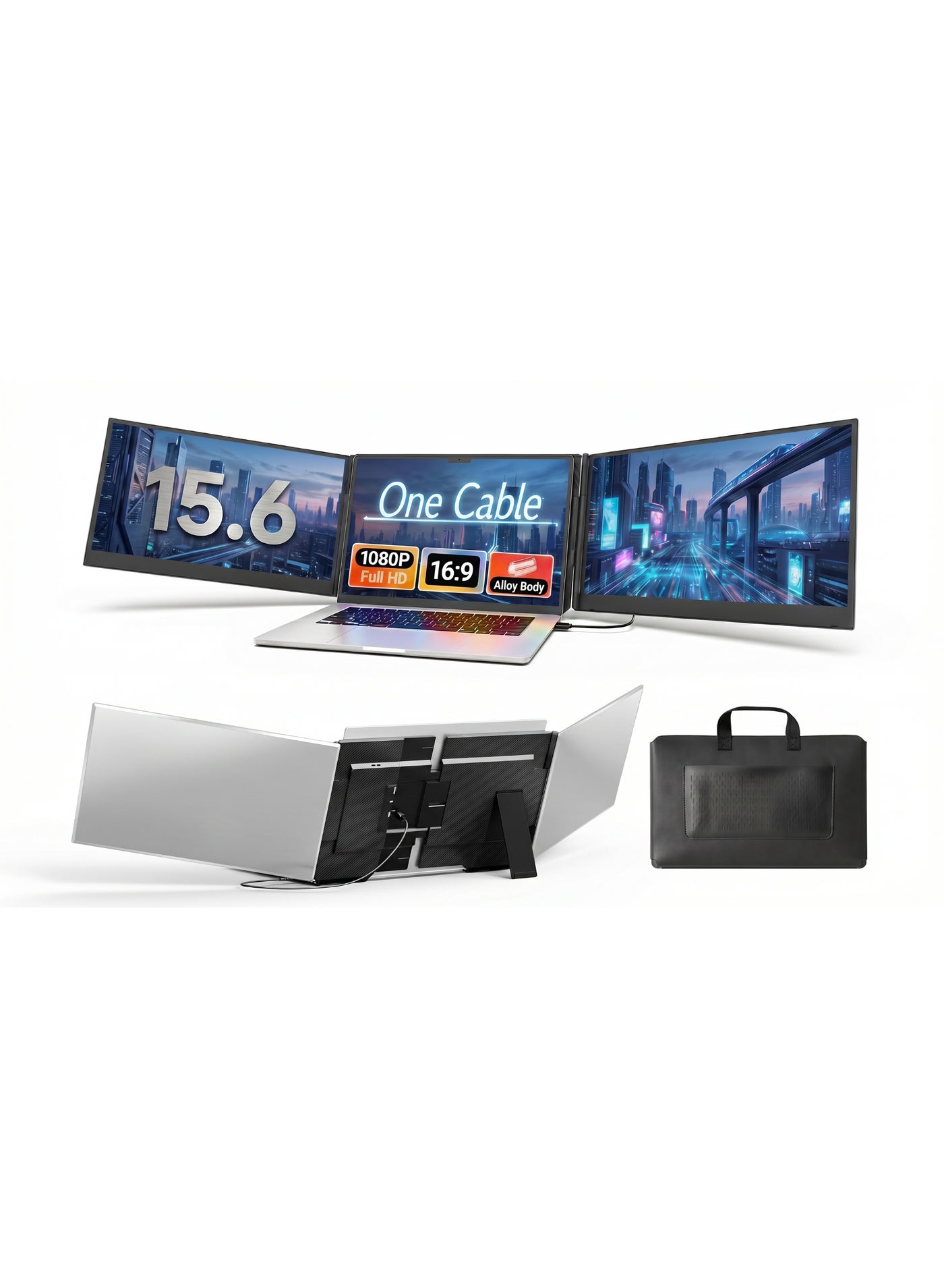 One Cable Laptop Screen Extender 15.6" FHD 1080P Triple Portable Monitor, Ultra-Slim IPS Display, USB-C/USB-A (Driver Required), Lightweight Travel Monitor for 13–17.3" Laptops, Windows Mac Android