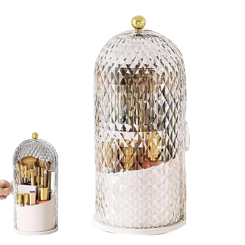 M'AYCREATE MAYCREATE® Makeup Brush Holder with Lid, 360 Rotating Clear Dustproof Skincare Cosmetic Tools Storage Organizer for Vanity Desktop Bathroom Countertop - White - Image 1