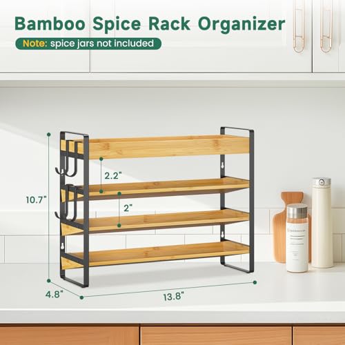 EsLuker.ly Spice Seasoning Rack Organizer Kitchen Countertop, 4 Tier Bamboo Spice Shelf Holder Storage with 4 Hooks, Wall Mounted Freestanding Stand for Pantry, Quick Spice Access(Jars Not Included) - Image 2