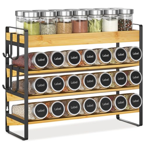 EsLuker.ly Spice Seasoning Rack Organizer Kitchen Countertop, 4 Tier Bamboo Spice Shelf Holder Storage with 4 Hooks, Wall Mounted Freestanding Stand for Pantry, Quick Spice Access(Jars Not Included) - Image 1