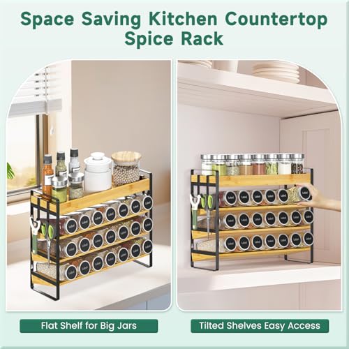 EsLuker.ly Spice Seasoning Rack Organizer Kitchen Countertop, 4 Tier Bamboo Spice Shelf Holder Storage with 4 Hooks, Wall Mounted Freestanding Stand for Pantry, Quick Spice Access(Jars Not Included) - Image 5