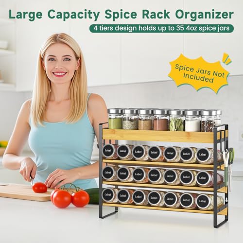 EsLuker.ly Spice Seasoning Rack Organizer Kitchen Countertop, 4 Tier Bamboo Spice Shelf Holder Storage with 4 Hooks, Wall Mounted Freestanding Stand for Pantry, Quick Spice Access(Jars Not Included) - Image 3
