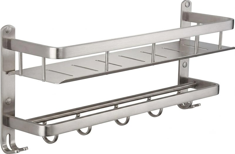 Bathroom Organizer Rack - Wall Mounted Aluminum Towel Rack with 5 Hooks for Hanging Toiletries Shower Rack Multifunctional Rustproof Toilet Organizer with Drain Holes, 60cm, Silver - Image 1