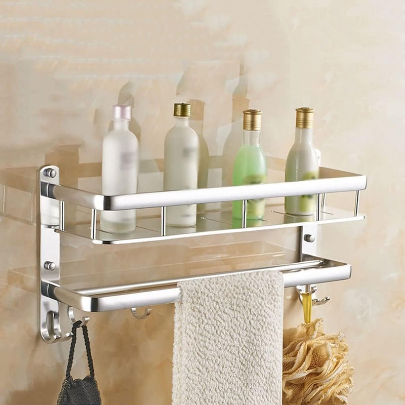 Bathroom Organizer Rack - Wall Mounted Aluminum Towel Rack with 5 Hooks for Hanging Toiletries Shower Rack Multifunctional Rustproof Toilet Organizer with Drain Holes, 60cm, Silver - Image 2