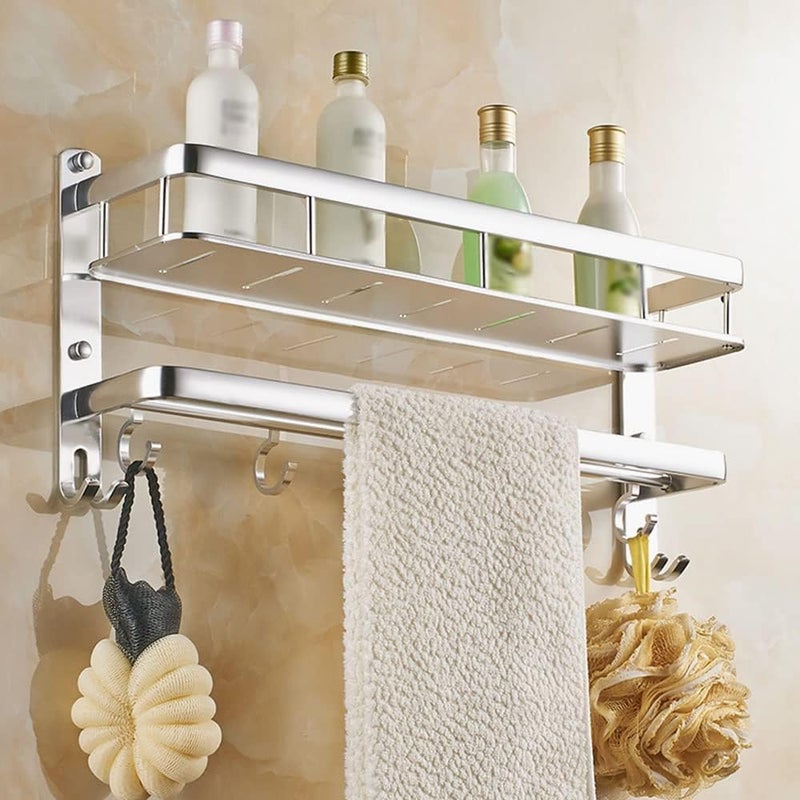 Bathroom Organizer Rack - Wall Mounted Aluminum Towel Rack with 5 Hooks for Hanging Toiletries Shower Rack Multifunctional Rustproof Toilet Organizer with Drain Holes, 60cm, Silver - Image 3