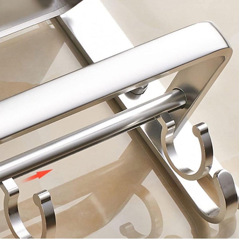 Bathroom Organizer Rack - Wall Mounted Aluminum Towel Rack with 5 Hooks for Hanging Toiletries Shower Rack Multifunctional Rustproof Toilet Organizer with Drain Holes, 60cm, Silver - Image 4