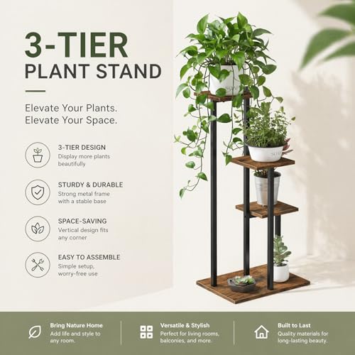 VonDream 3 Tier Plant Stand Indoor, Tiered Plant Stands for Indoor Plants Multiple, Corner Flower Stand for Living Room, Multi-Layer Vintage Design Plant Shelf - Image 4