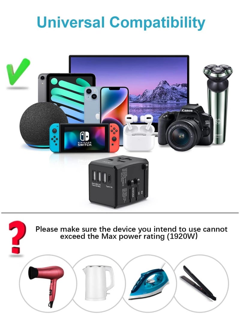 Universal Travel Adapter Worldwide, International Travel Plug Adapter With One type C and 3 USB port Travel Adaptor All in One Universal Charger Power Adapter for European EU US UK AUS