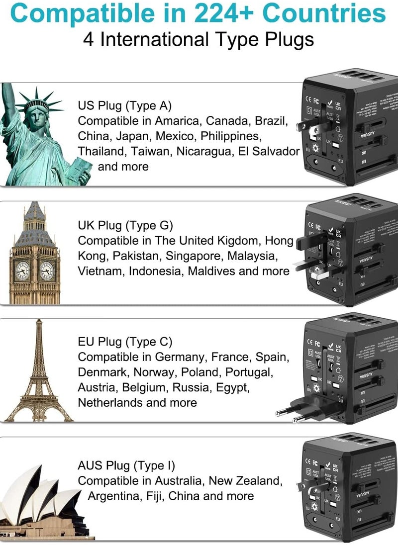Universal Travel Adapter Worldwide, International Travel Plug Adapter With One type C and 3 USB port Travel Adaptor All in One Universal Charger Power Adapter for European EU US UK AUS