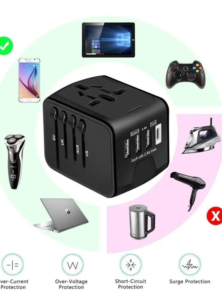Universal Travel Adapter Worldwide, International Travel Plug Adapter With One type C and 3 USB port Travel Adaptor All in One Universal Charger Power Adapter for European EU US UK AUS