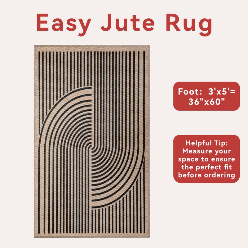 Tangsoo Easy Jute 3x5 Outdoor Rug for Living Room,Non-Slip Thin Black Rainbow Indoor Area Rug,Washable Boho Farmhouse Carpet for Front Porch Bedroom Patio Entryway Balcony - Image 3