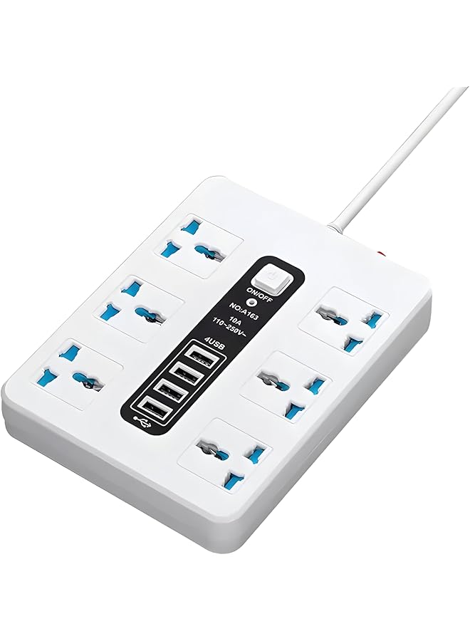 promass GLOBAL Extension, 8-Way Plug Extension Socket with 4 USB Slots, UK 3-Pin Power Strip, Heavy Duty Extension Cord, Universal Travel Adapter & Surge Protector for Home & Office (White) - Image 1