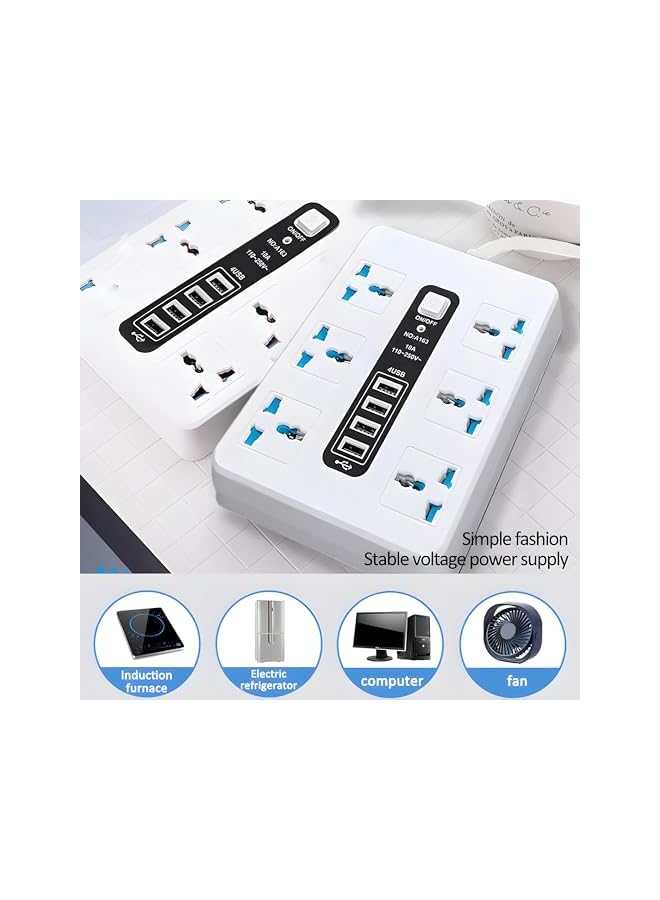 promass GLOBAL Extension, 8-Way Plug Extension Socket with 4 USB Slots, UK 3-Pin Power Strip, Heavy Duty Extension Cord, Universal Travel Adapter & Surge Protector for Home & Office (White) - Image 4