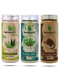 Herbtoniq 100% Natural Aloevera Leaves Moringa Leaves And Nagarmotha Powder For Dandruff Frizzy Hair Damaged Hair Intensive Hair Care Pack (450 Gram)  - Image 2