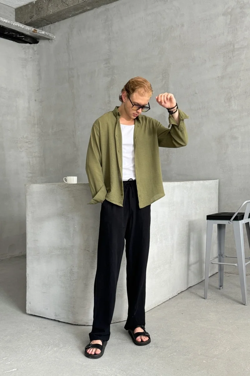 هايمان Men's Elastic Waist Baggy Linen Trousers