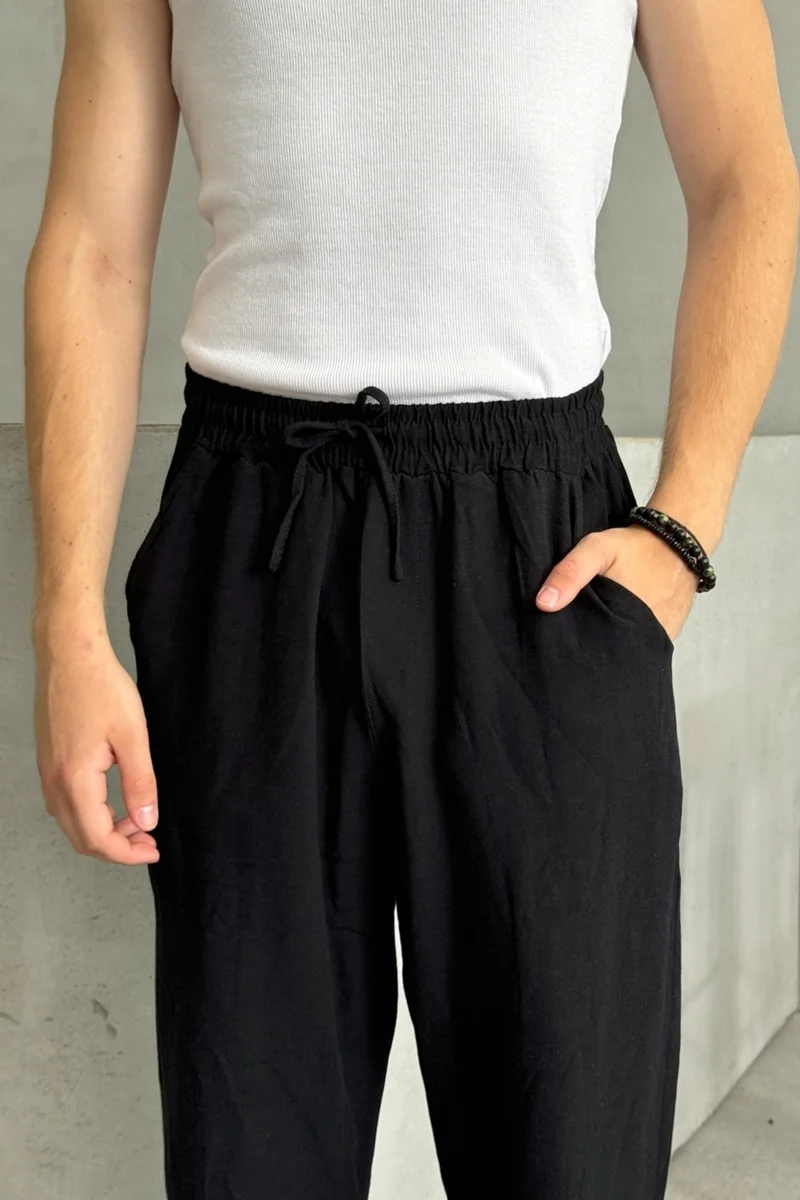 هايمان Men's Elastic Waist Baggy Linen Trousers
