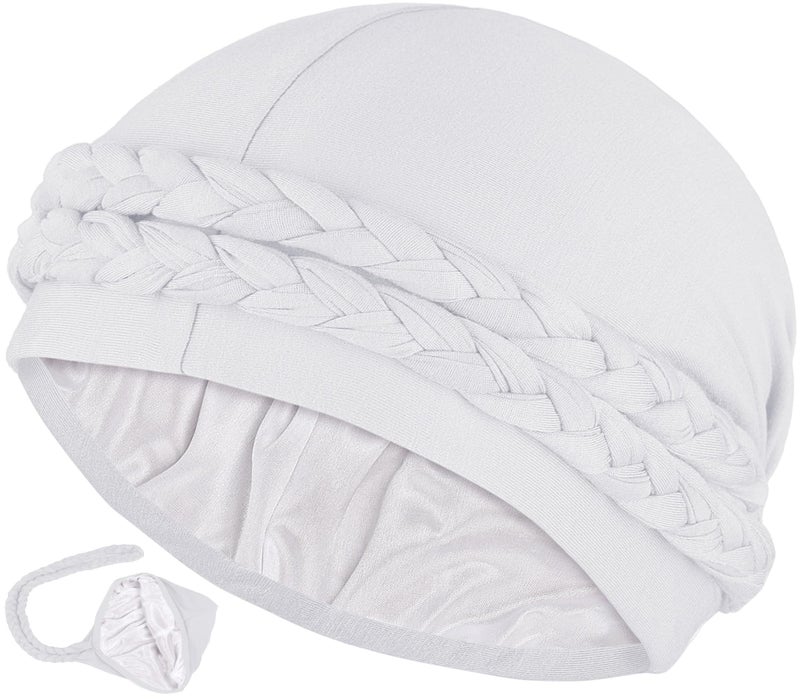 Ababalaya Silky Satin Lined Turban for Women Mens Halo Turban PRE-Tied Beanie Hats Silky Lined Durag Sleeping Bonnet Sleep Cap, White, 1 PCS - Image 1