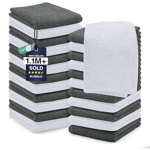 DAN RIVER 24 Pack Wash Cloths for Showering 12x12 100 Cotton Washcloths Premium Quality Flannel Face Cloths for Bathroom Highly Absorbent and Soft Feel Wash Clothes Grey White - Image 1