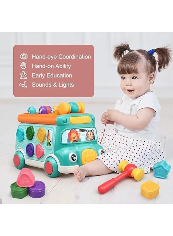 null - Push Pull Bus Toy for Toddlers, Baby Musical Learning Toys with Sound and Light, Includes Whack-a-Mole Game, Shape Matching, Gear Toy, and Toy Clock, Activity Bus for Early Education, Fun Gift - Image 1