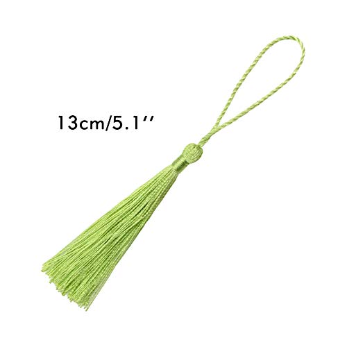 VAPKER 100 Pieces Light Green Color 13cm/5-Inch Silky Handmade Soft Tassels Floss Bookmark Tassels with 2-Inch Cord Loop for Jewelry Making, DIY Projects, Bookmarks - Image 2