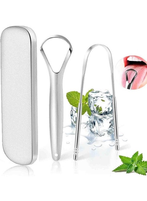 Adult tongue scraper stainless steel metal tongue scraper professional oral care tongue brush improve bad breath fresh breath with metal storage box 2 packs