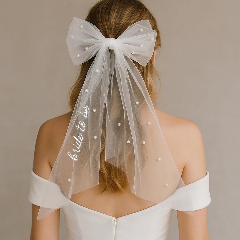 Prometheism Bride to Be Embroidered Veil Hair Bow for Bachelorette Party,White Bow Wedding Veil Engagement Accessory Hair Clip for Women and Girls - Image 1