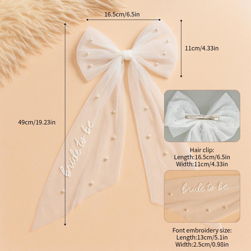 Prometheism Bride to Be Embroidered Veil Hair Bow for Bachelorette Party,White Bow Wedding Veil Engagement Accessory Hair Clip for Women and Girls - Image 3