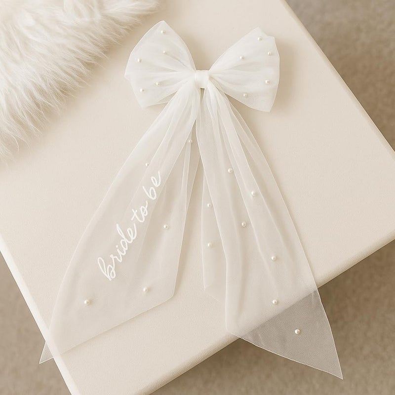 Prometheism Bride to Be Embroidered Veil Hair Bow for Bachelorette Party,White Bow Wedding Veil Engagement Accessory Hair Clip for Women and Girls - Image 5