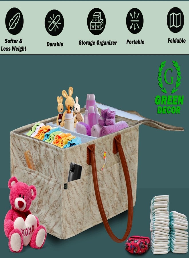 GREEN DECOR - Non Woven Fabric Cute Diaper Caddy Bag with Handles & Zip Lock for Smart Mothers Baby Diaper Caddy Wipes Felt Storage Organizers,Foldable and Portable(Marble Cream- 15X10X8 Inch) - Image 4