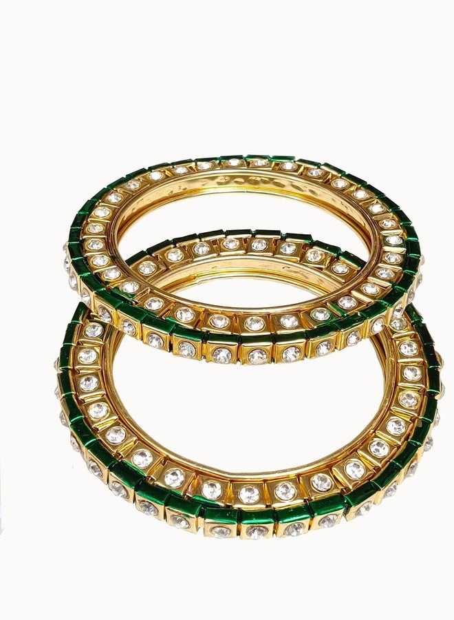 DENICRAAS Traditional Gold-Plated Bangles with Green Emeralds and Diamonds for Women (Pack Of 2) (2.4) - Image 1