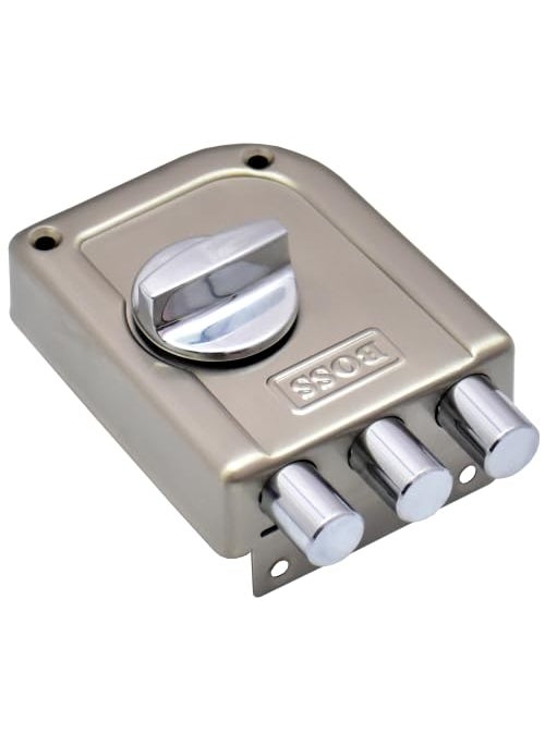 B BOSS B BOSS Nano Three Dead Bolt Rim Lock with 4 High Security 14 Pin Ultra Keys Universal for LeftRight Handed Inside Opening Office or Home Main Door 15 Years Manufactuing Warranty Satin Nickel 