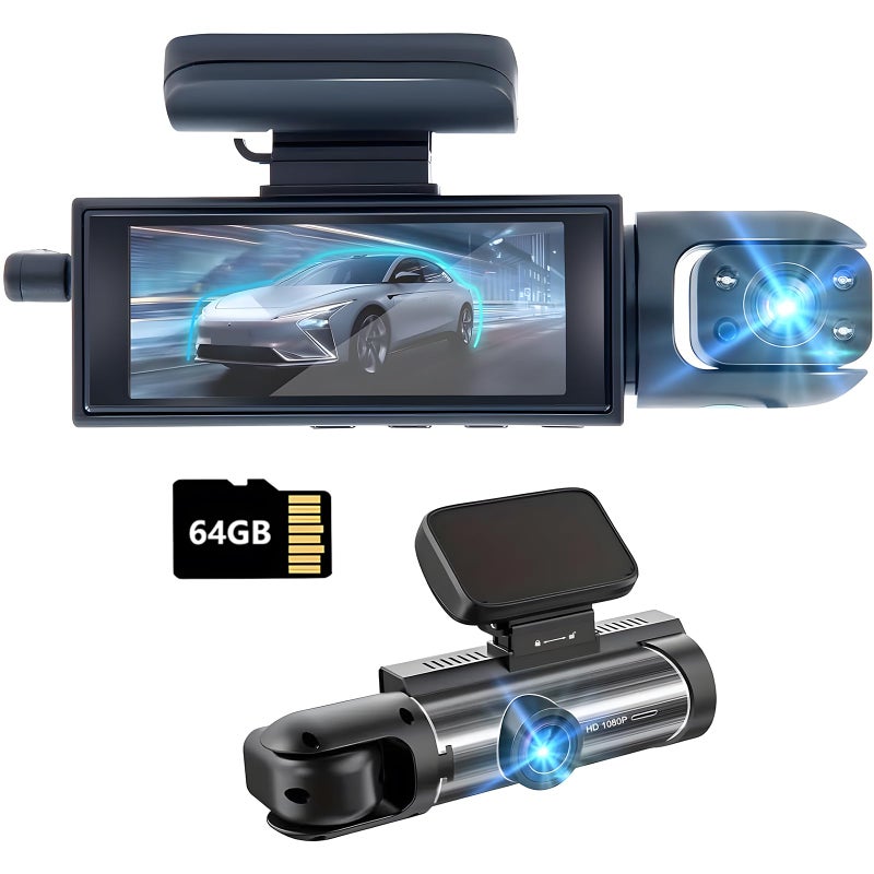 Dash Cam frontal e interior, Dashcams para coches con tarjeta de 64 G, grabadora de tráfico de visión nocturna IR, grabación de bucle de visión nocturna y sensor G, grabadora de tráfico de - Image 1