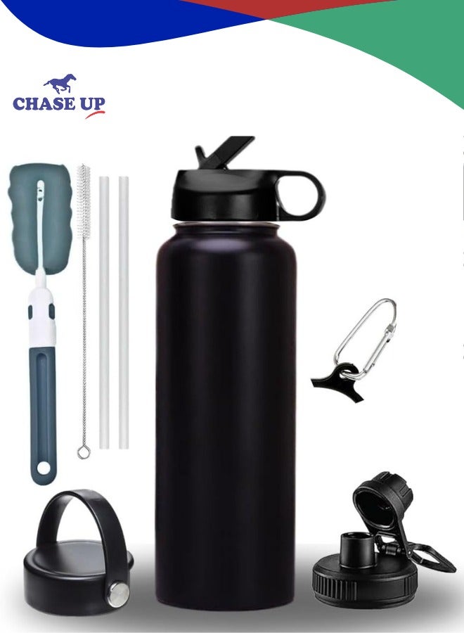 Chase Up Triple Wall Vacuum Stainless Steel Water BOTTLE Insulated Stainless Steel Water Bottle 24oz with Straw-Brush-3 Lid-handle, 1L Bottle for Sports jym, Travel, office school kids water bottle (black) - Image 1