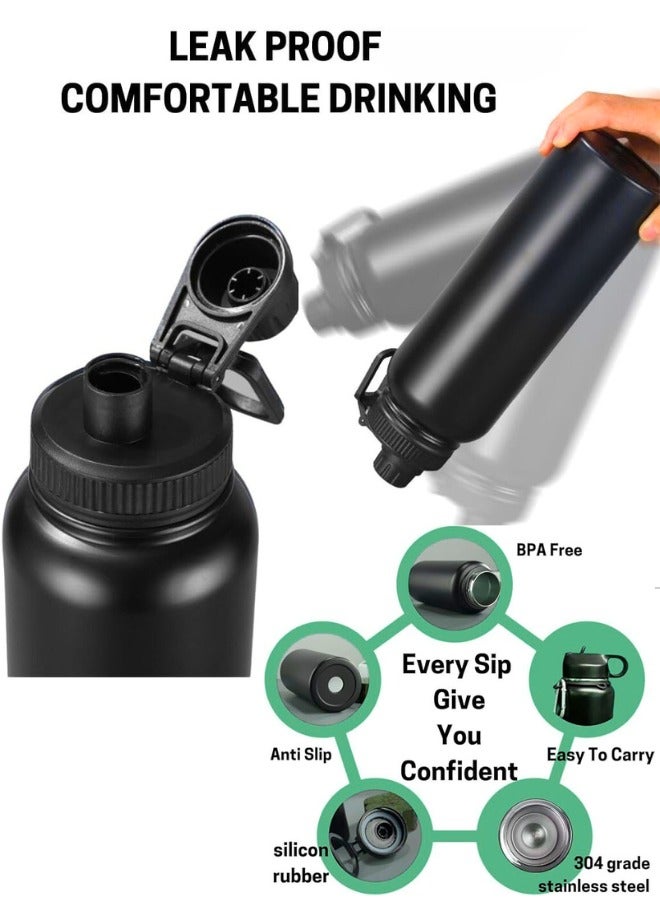 Chase Up Triple Wall Vacuum Stainless Steel Water BOTTLE Insulated Stainless Steel Water Bottle 24oz with Straw-Brush-3 Lid-handle, 1L Bottle for Sports jym, Travel, office school kids water bottle (black) - Image 2