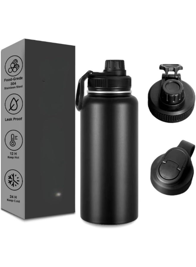 Chase Up Triple Wall Vacuum Stainless Steel Water BOTTLE Insulated Stainless Steel Water Bottle 24oz with Straw-Brush-3 Lid-handle, 1L Bottle for Sports jym, Travel, office school kids water bottle (black) - Image 3