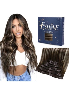 Fshine Clip in Human Hair Extensions Balayage Dark Brown to Blonde Clip in Hair Extensions Real Human Hair Balayage Remy Hair Clip in Extensions Brown Balayage 18inch 7pcs 120g  - Image 1
