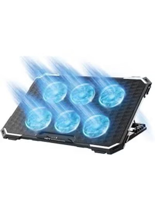 حامل تبريد للابتوب للألعاب – 6 مراوح LED زرقاء – شبكة حديدية – منفذين USB – يدعم أجهزة 12" إلى 17" (أسود) - Image 1