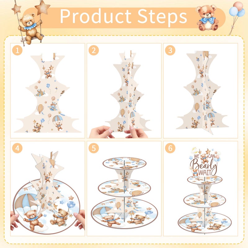 EoBeCy We Can Barely Wait Baby Shower Decorations Cupcake Stand, 3 Tier Cute Bear Cardboard Cupcake Display Stand Dessert Tower, Little One Celebration Party Supplies - Image 4