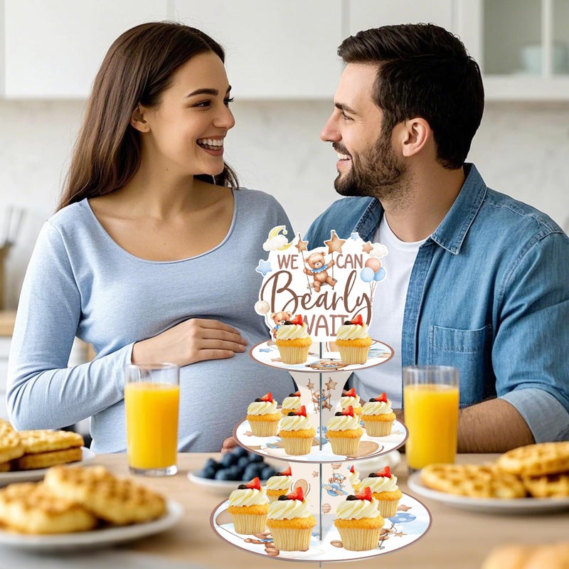 EoBeCy We Can Barely Wait Baby Shower Decorations Cupcake Stand, 3 Tier Cute Bear Cardboard Cupcake Display Stand Dessert Tower, Little One Celebration Party Supplies - Image 5
