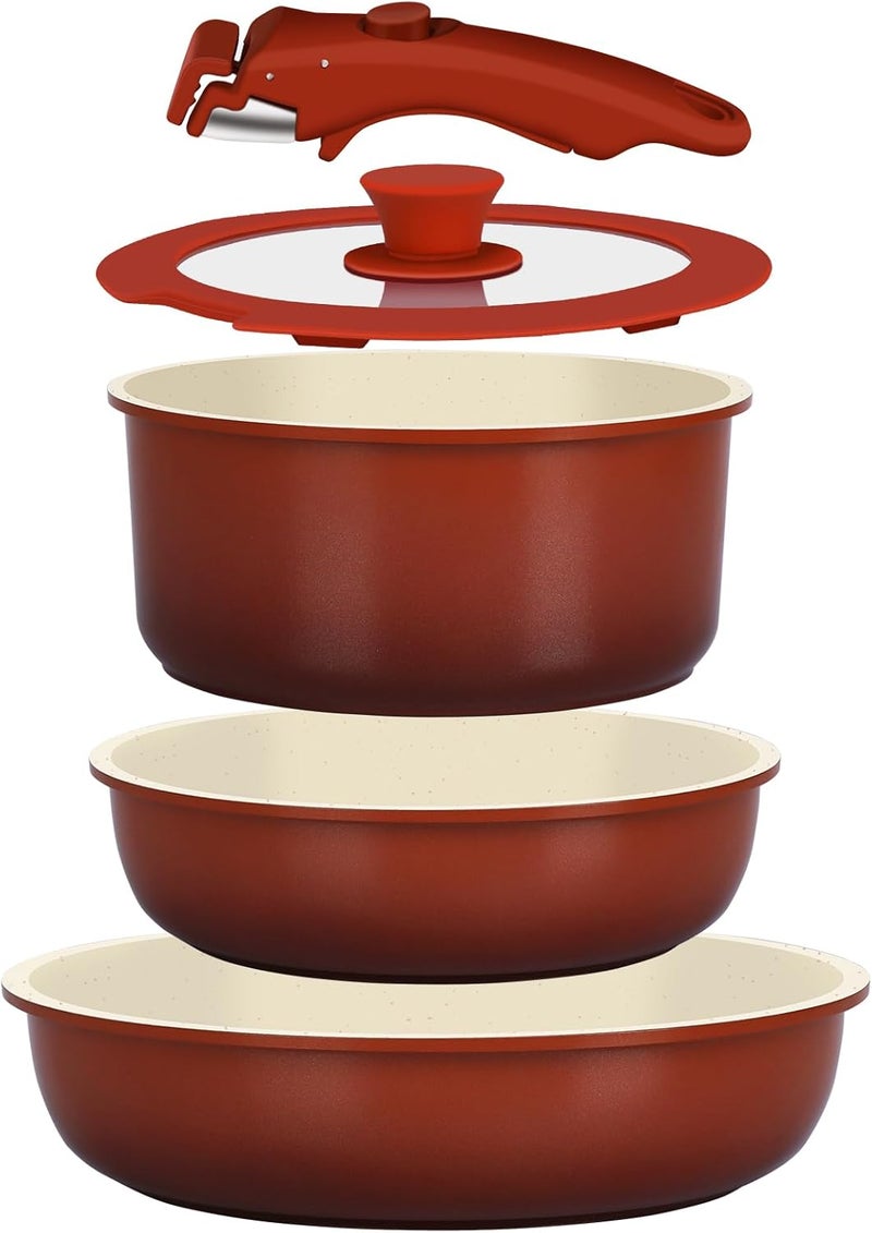5pcs Pots and Pans Set Non Stick, Nonstick Cookware Set Detachable Handle,Ceramic Coating Pots for Cooking Non Stick with Removable Handle, RV Cookware Set, Red Black Gradient - Image 1