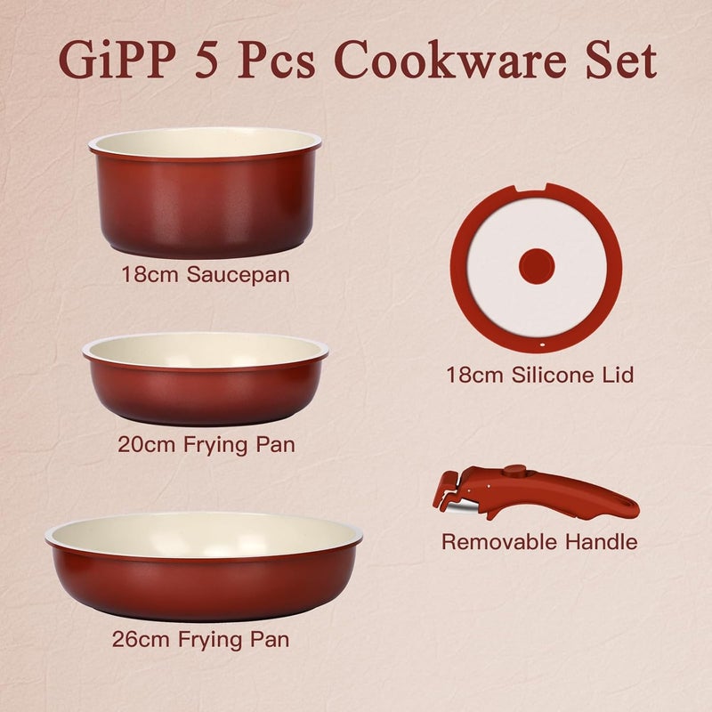 5pcs Pots and Pans Set Non Stick, Nonstick Cookware Set Detachable Handle,Ceramic Coating Pots for Cooking Non Stick with Removable Handle, RV Cookware Set, Red Black Gradient - Image 2