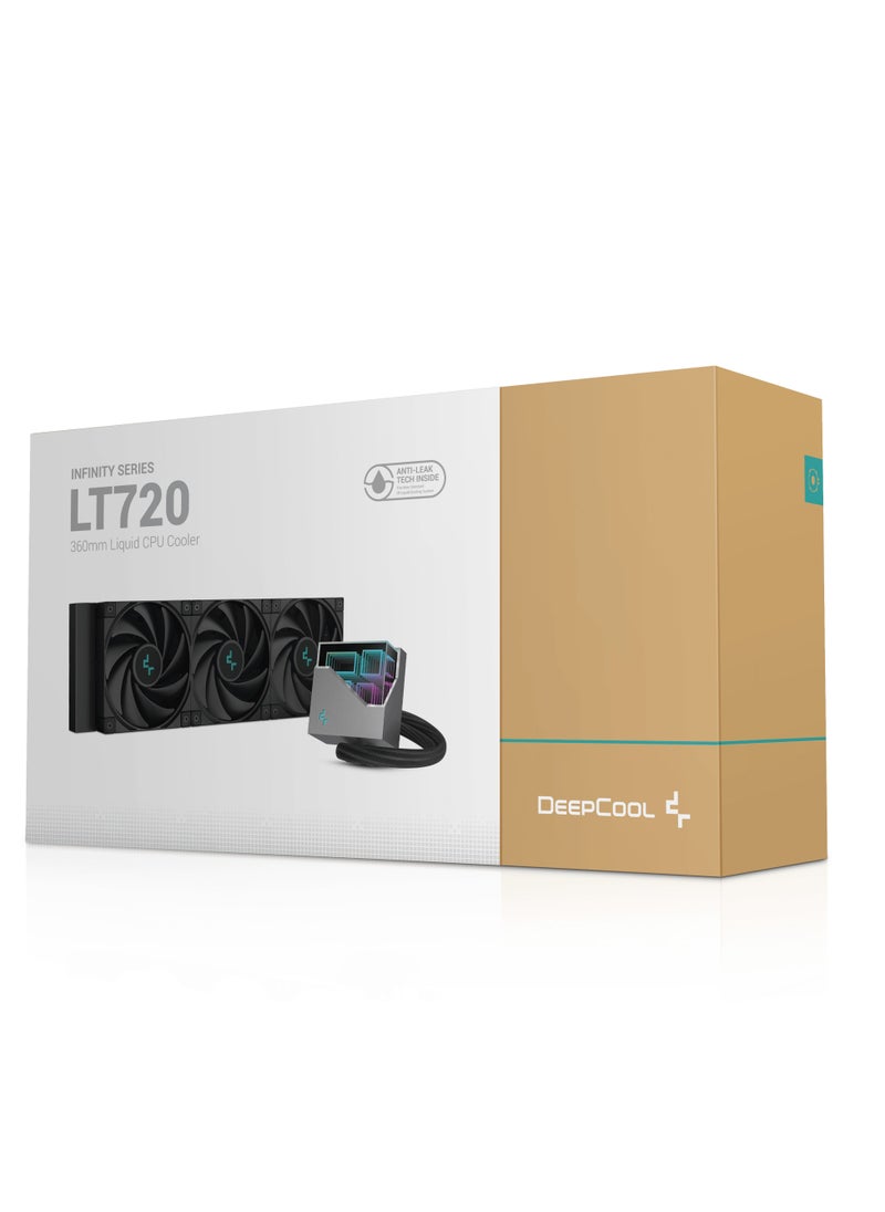 ديب كول - DeepCool LT720، مبرد وحدة المعالجة المركزية السائل عالي الأداء 360 مم، ثلاث مراوح FK120 مضبوطة بدقة، مبني على مضخة المياه عالية الأداء من الجيل الرابع، نطاق PWM ديناميكي 500-2250 دورة في الدقيقة، 85.85 قدم مكعب في الدقيقة، تدفق هواء فائق، 3.27 مم مكعب ضغط ثابت مرتفع، ≤32.9 ديسيبل (أ) ضوضاء الحمل الكامل، IntelLGA2066/2011-v3/2011/1700/1200/1151/1150/1155، AMDsTRX4/sTR4/AM5/AM4 - Image 1