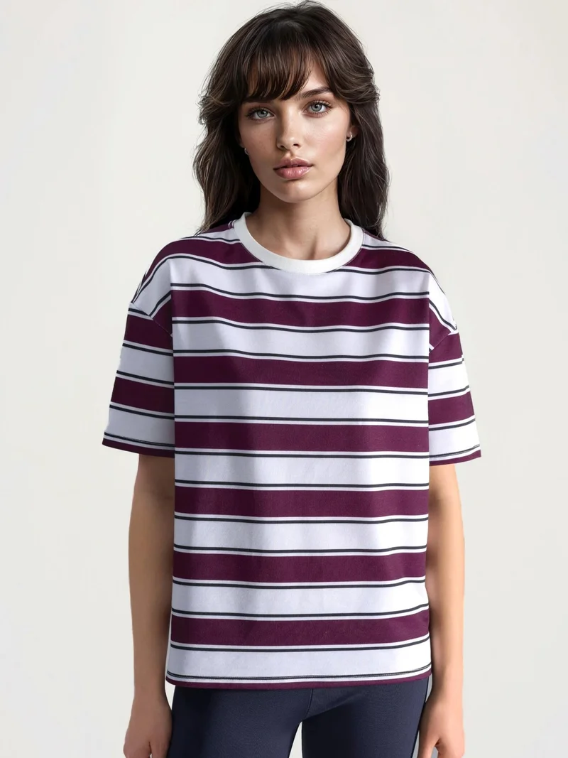 HICCUP Striped Crew Neck Oversized T-Shirt