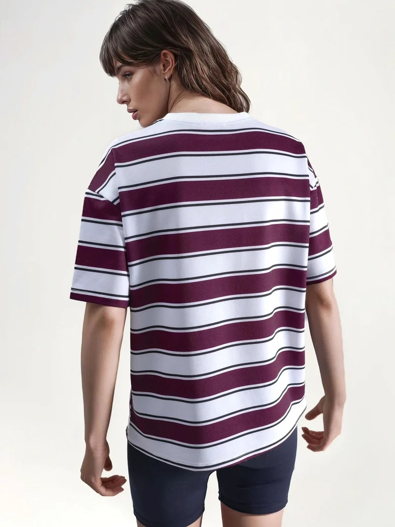 Hiccup Red Striped Crew Neck Oversized T-Shirt for Women | Best Price UAE