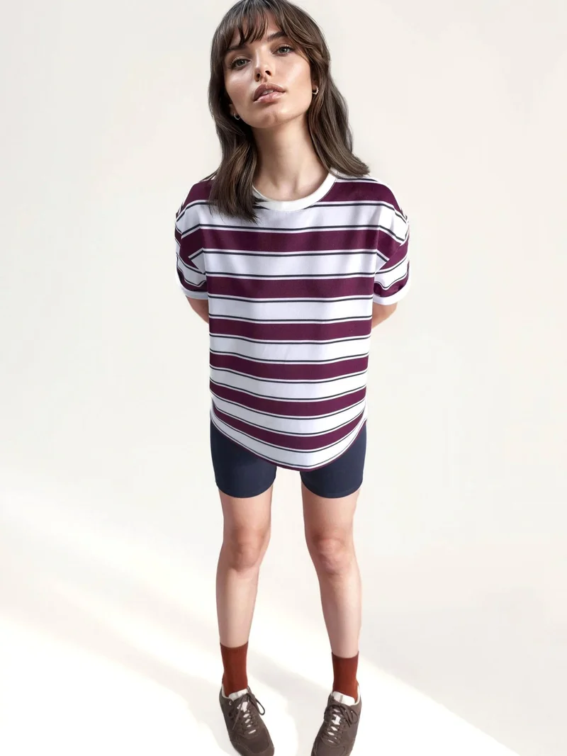 Hiccup Red Striped Crew Neck Oversized T-Shirt for Women | Best Price UAE