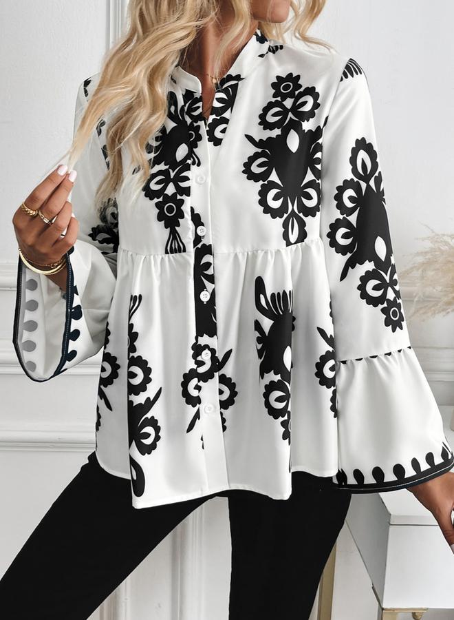 Take Two Floral Print Ruffle Hem Button Front Top - Image 3