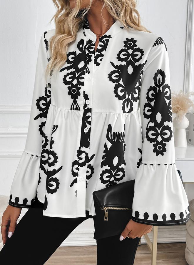 Take Two Floral Print Ruffle Hem Button Front Top - Image 5