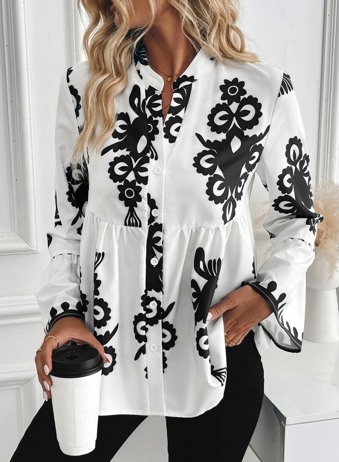 Take Two Floral Print Ruffle Hem Button Front Top - Image 2